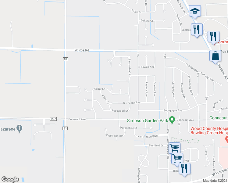 map of restaurants, bars, coffee shops, grocery stores, and more near 1518 Cedar Lane in Bowling Green