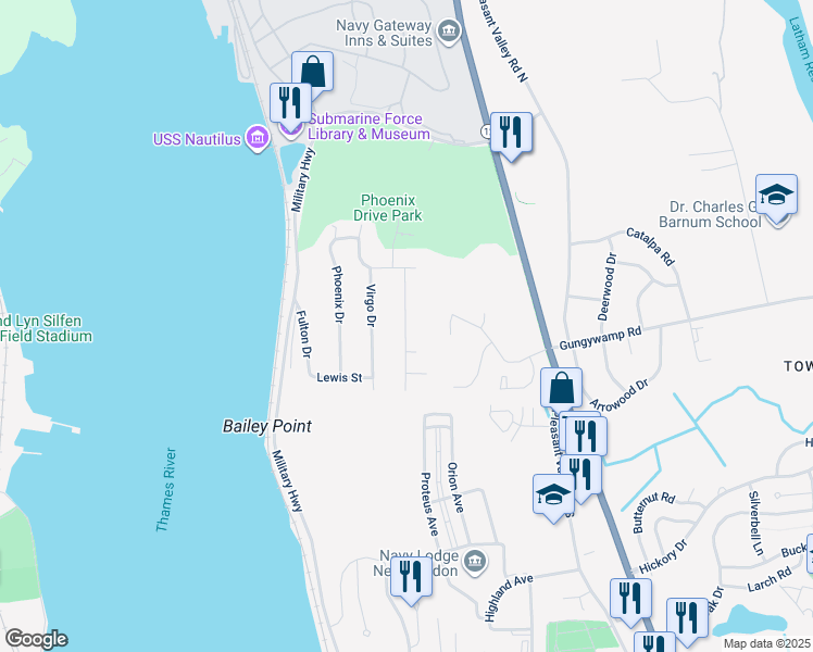 map of restaurants, bars, coffee shops, grocery stores, and more near 52 Pegasus Drive in Groton