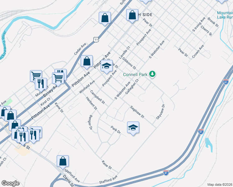 map of restaurants, bars, coffee shops, grocery stores, and more near 2253-2255 South Webster Avenue in Scranton