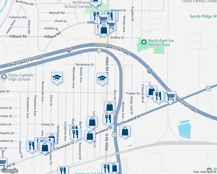 map of restaurants, bars, coffee shops, grocery stores, and more near 317 Abbe Road North in Elyria