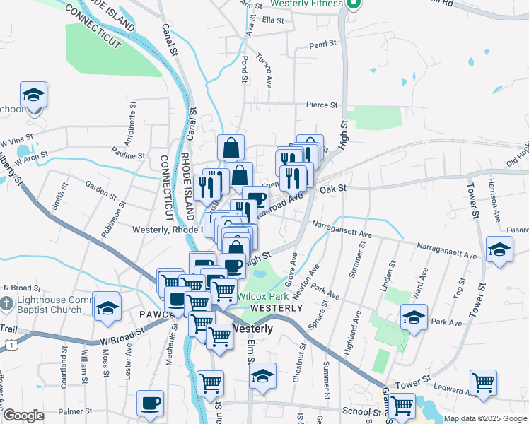 map of restaurants, bars, coffee shops, grocery stores, and more near Railroad Avenue in Westerly