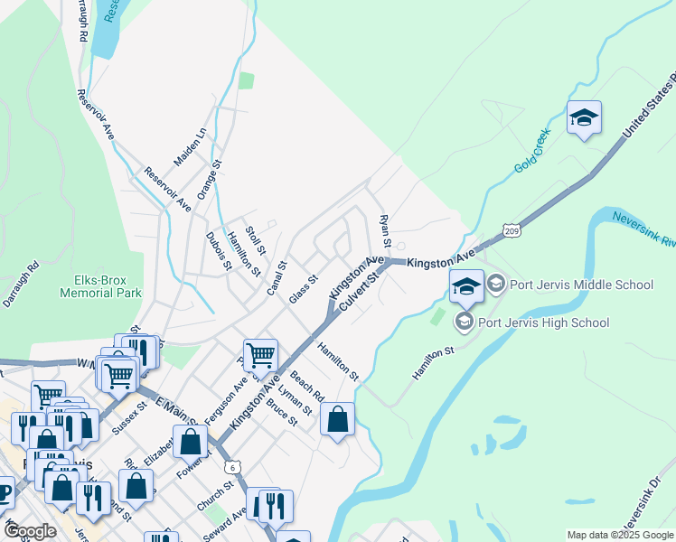 map of restaurants, bars, coffee shops, grocery stores, and more near 1 Cahoonzie Street in Port Jervis