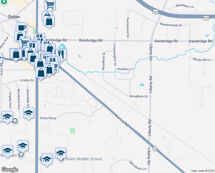 map of restaurants, bars, coffee shops, grocery stores, and more near 6500 Woodbury Drive in Solon