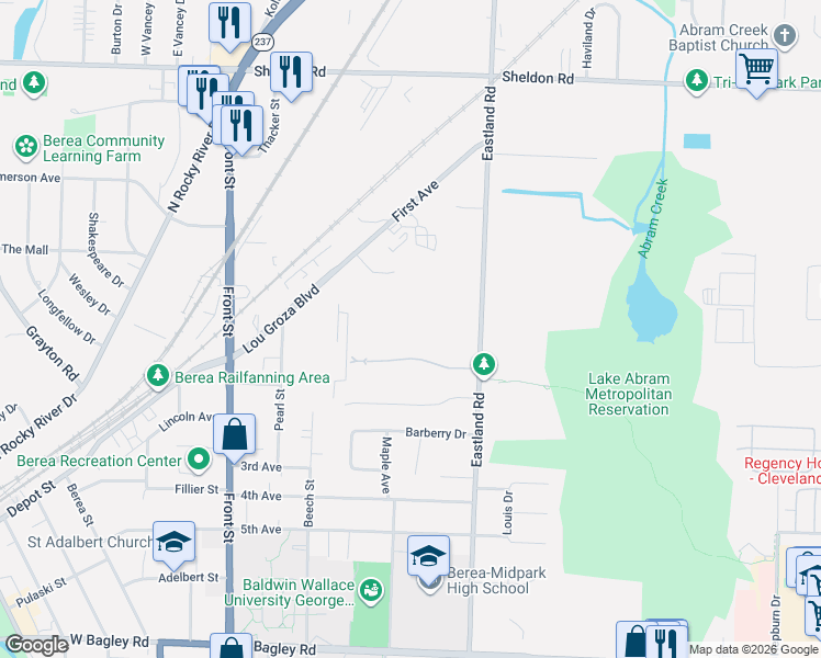 map of restaurants, bars, coffee shops, grocery stores, and more near 20462 Brookstone Trail in Cleveland