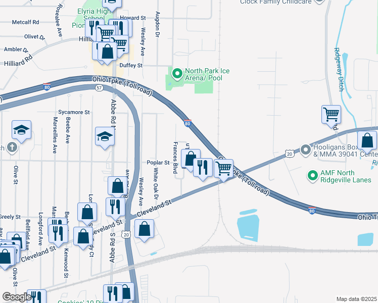 map of restaurants, bars, coffee shops, grocery stores, and more near 335 Brittany Lane in Elyria
