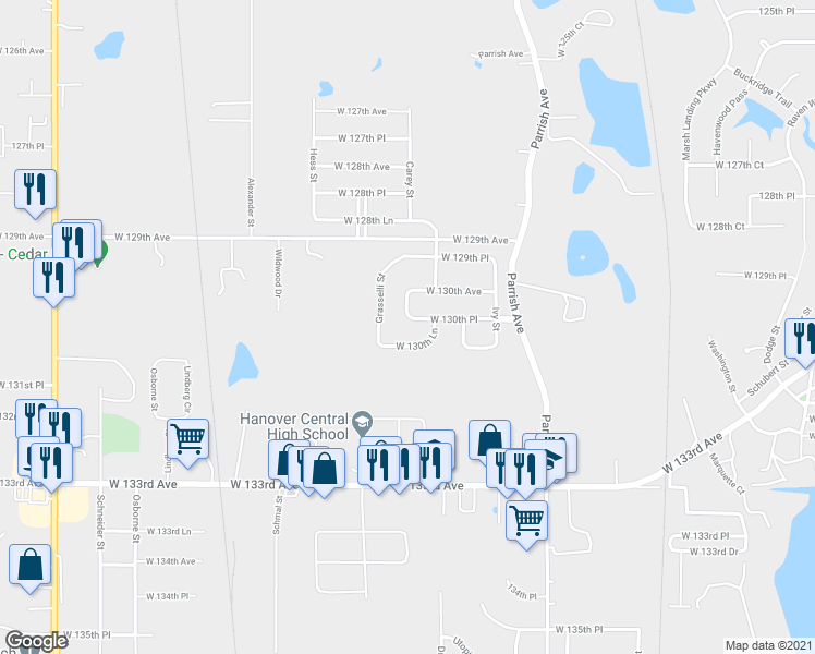map of restaurants, bars, coffee shops, grocery stores, and more near 13018A Carey Street in Cedar Lake