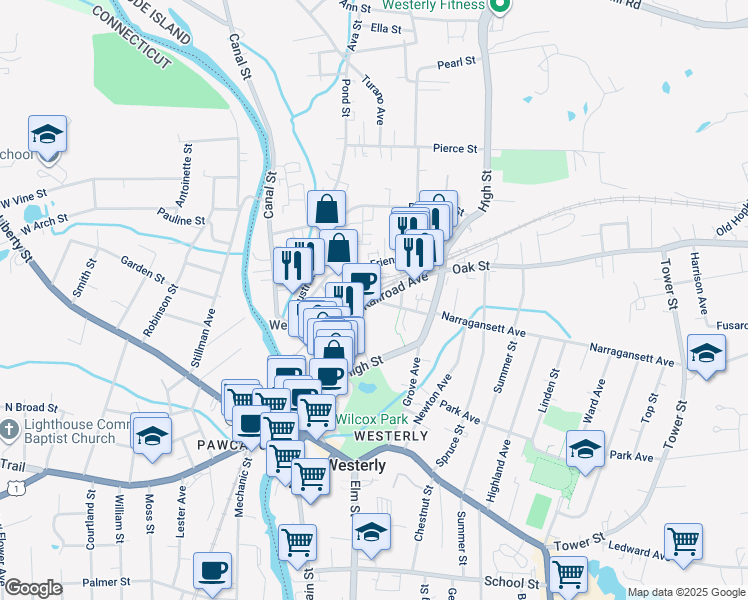 map of restaurants, bars, coffee shops, grocery stores, and more near 8 Dixon Street in Westerly