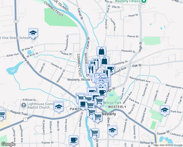 map of restaurants, bars, coffee shops, grocery stores, and more near 29 Canal Street in Westerly