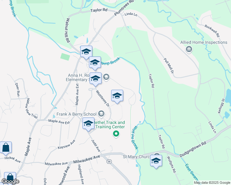 map of restaurants, bars, coffee shops, grocery stores, and more near 400 Whittlesey Drive in Bethel