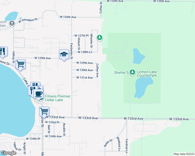 map of restaurants, bars, coffee shops, grocery stores, and more near 13100 Colfax Street in Cedar Lake