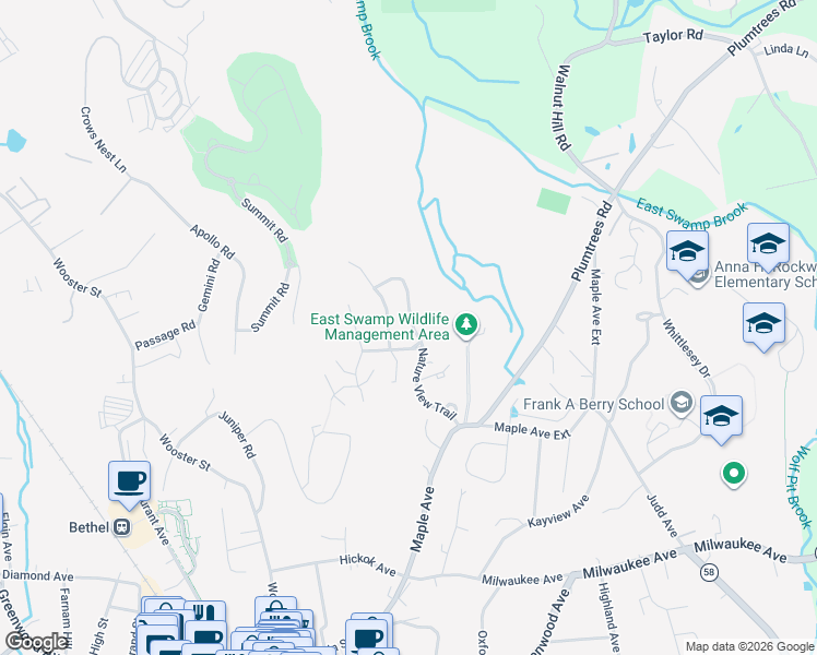 map of restaurants, bars, coffee shops, grocery stores, and more near 12 Deer Run in Bethel