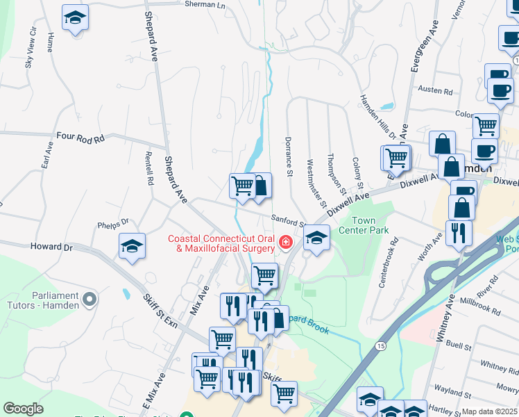 map of restaurants, bars, coffee shops, grocery stores, and more near 105 Sanford Street in Hamden