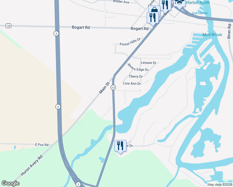 map of restaurants, bars, coffee shops, grocery stores, and more near 1116 Mudbrook Rd in Huron