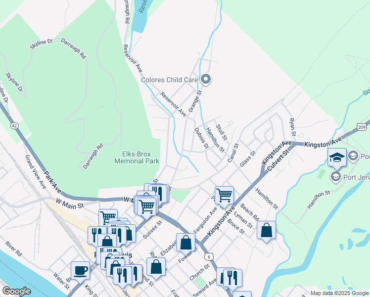map of restaurants, bars, coffee shops, grocery stores, and more near 63 Orange Street in Port Jervis