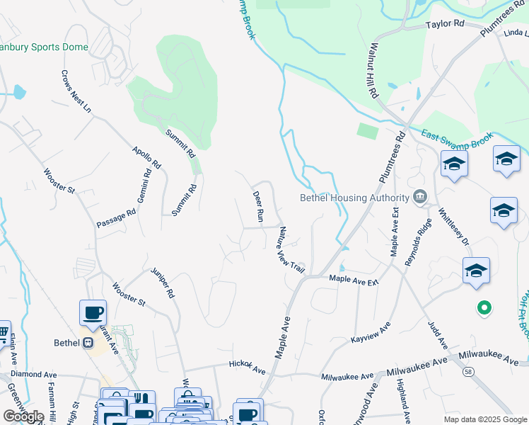 map of restaurants, bars, coffee shops, grocery stores, and more near 12 Deer Run in Bethel
