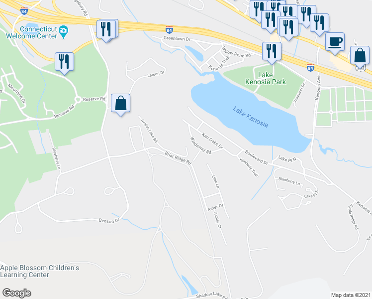 map of restaurants, bars, coffee shops, grocery stores, and more near 125 Avalon Lake Road in Danbury