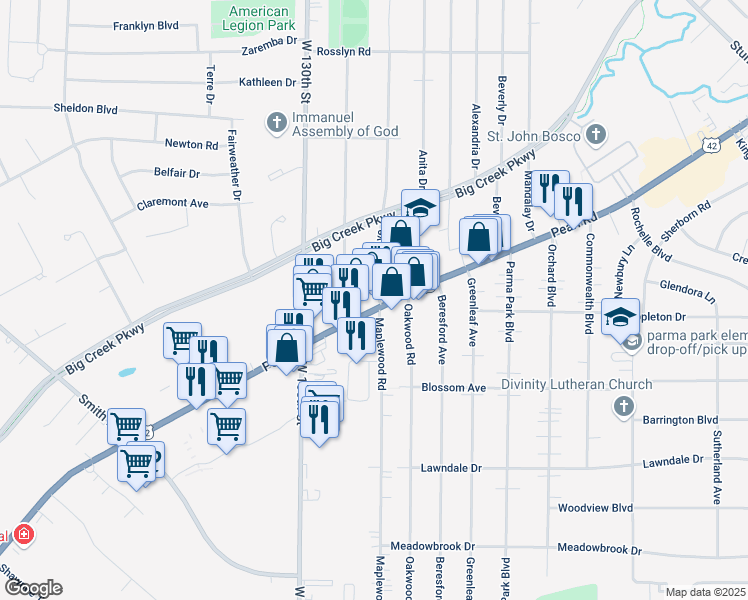 map of restaurants, bars, coffee shops, grocery stores, and more near 6666 Pearl Road in Parma Heights