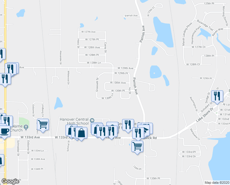 map of restaurants, bars, coffee shops, grocery stores, and more near 13025A Drummond Street in Cedar Lake