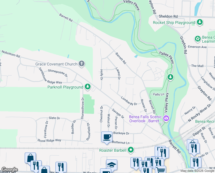 map of restaurants, bars, coffee shops, grocery stores, and more near 445 Lombardy Dr in Berea