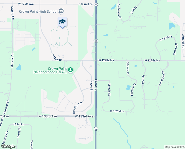 map of restaurants, bars, coffee shops, grocery stores, and more near 13003 Hayes Street in Crown Point