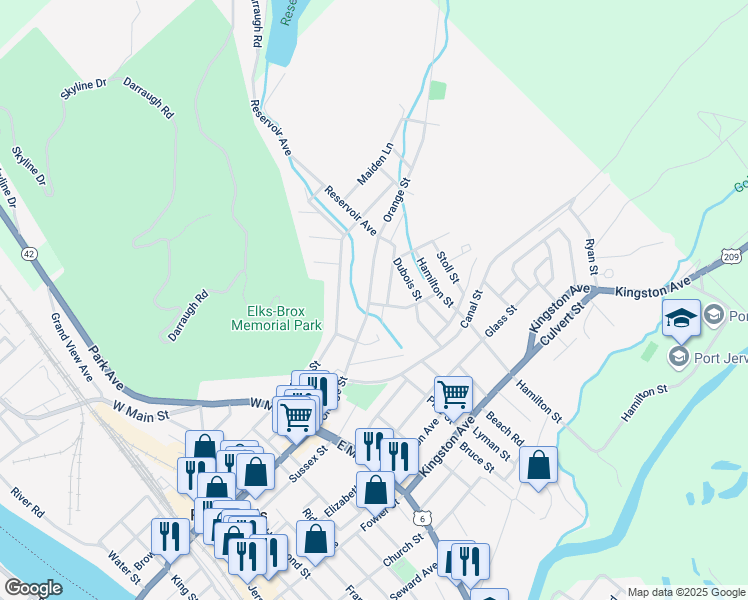 map of restaurants, bars, coffee shops, grocery stores, and more near 63 Orange Street in Port Jervis