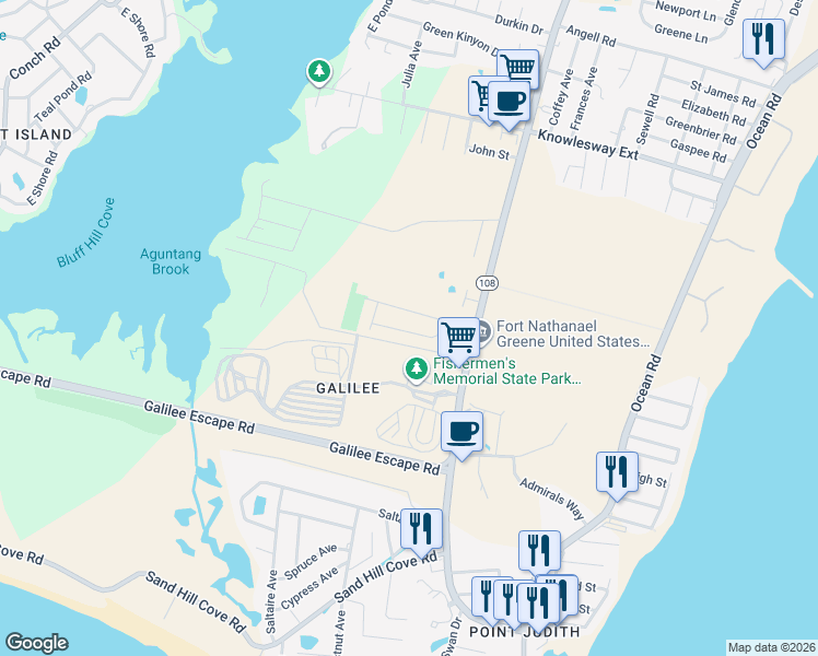 map of restaurants, bars, coffee shops, grocery stores, and more near 15 Manor Drive in Narragansett