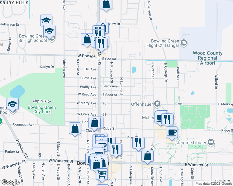 map of restaurants, bars, coffee shops, grocery stores, and more near 227 East Reed Avenue in Bowling Green