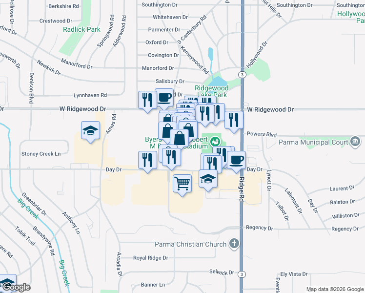 map of restaurants, bars, coffee shops, grocery stores, and more near 8060 Day Drive in Parma