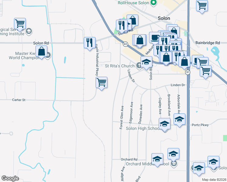 map of restaurants, bars, coffee shops, grocery stores, and more near 6516 Glenallen Avenue in Solon