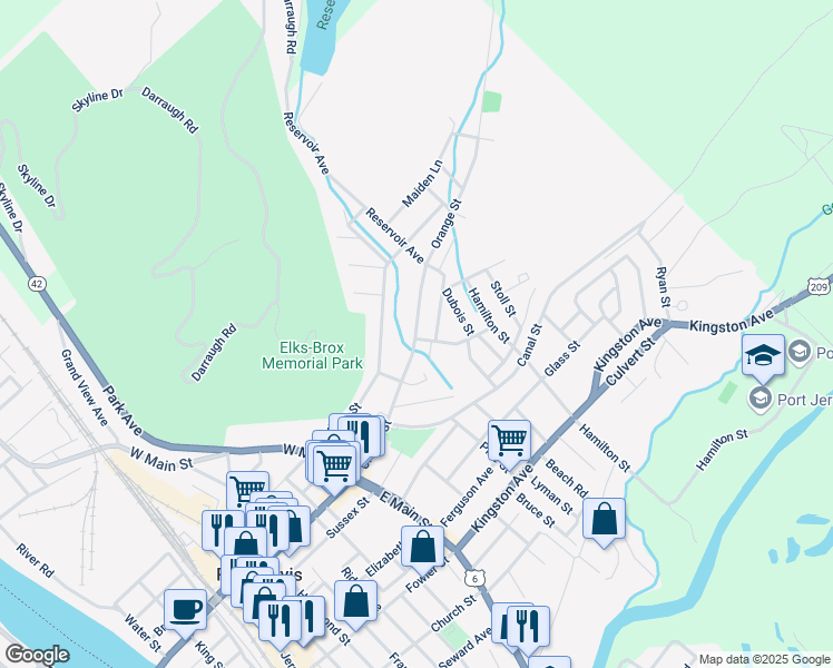 map of restaurants, bars, coffee shops, grocery stores, and more near 63 Orange Street in Port Jervis
