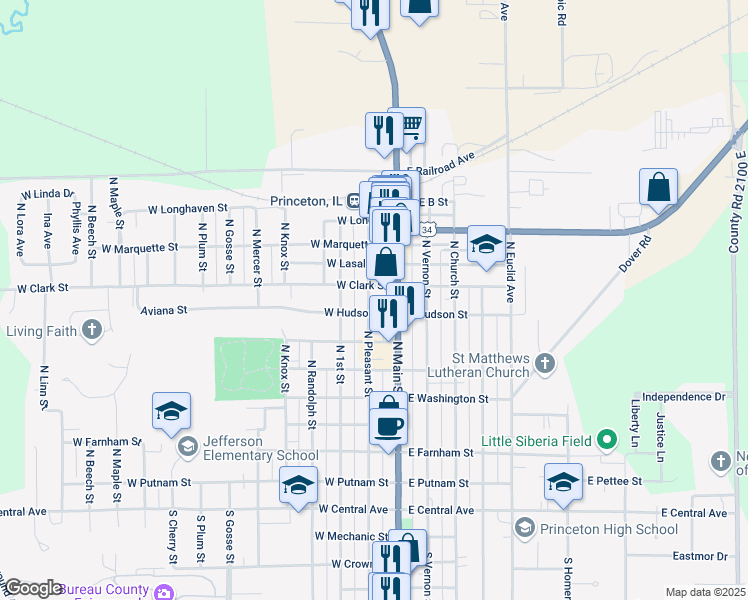 map of restaurants, bars, coffee shops, grocery stores, and more near 713 North Pleasant Street in Princeton