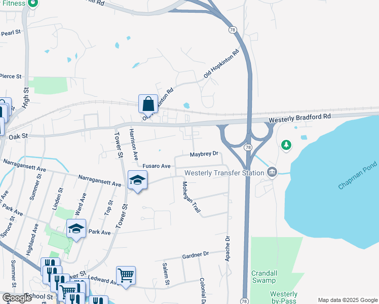 map of restaurants, bars, coffee shops, grocery stores, and more near 13 Spuchy Drive in Westerly