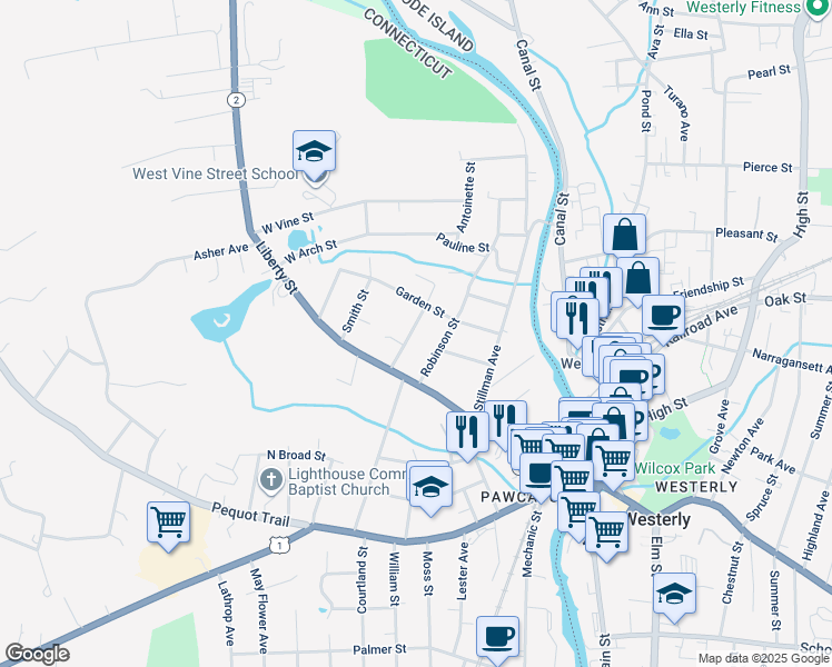 map of restaurants, bars, coffee shops, grocery stores, and more near 19 Downer Street in Stonington