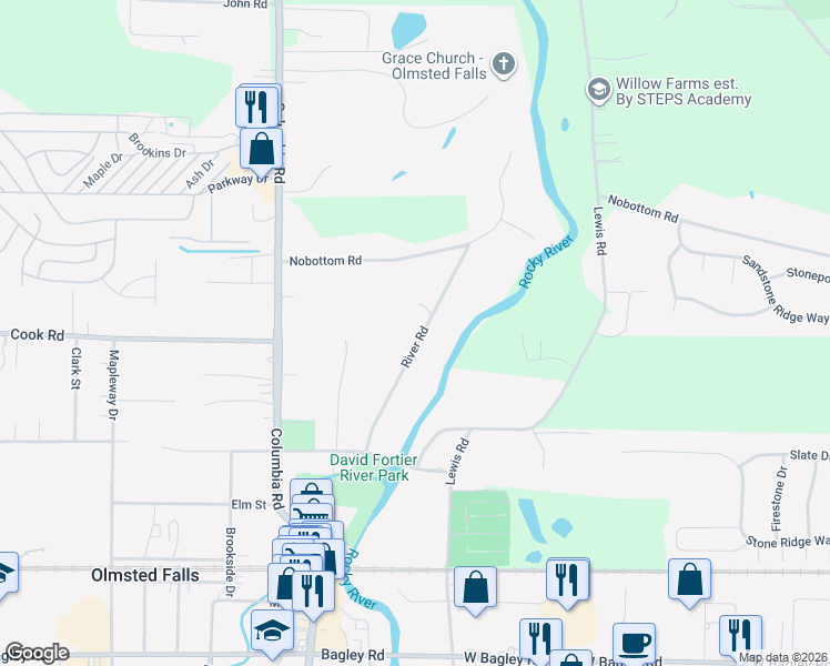 map of restaurants, bars, coffee shops, grocery stores, and more near 7486 River Road in Olmsted Falls