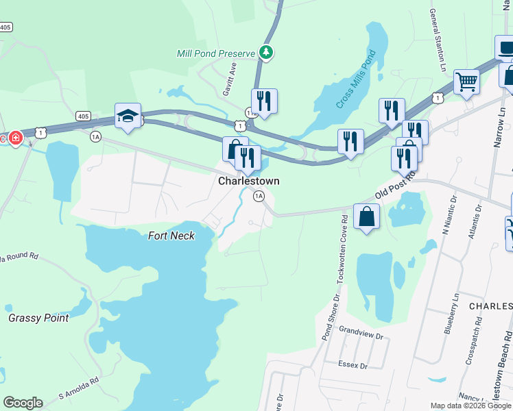 map of restaurants, bars, coffee shops, grocery stores, and more near 4412 Old Post Road in Charlestown