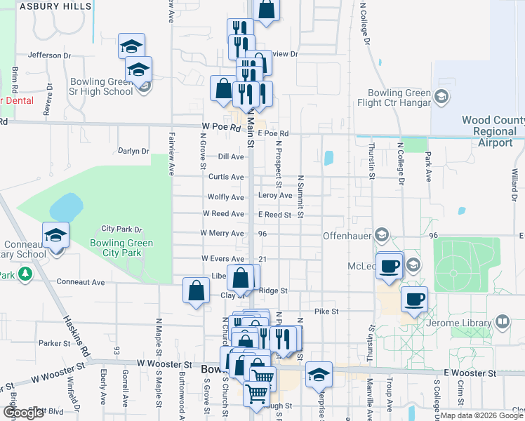 map of restaurants, bars, coffee shops, grocery stores, and more near 700 North Main Street in Bowling Green
