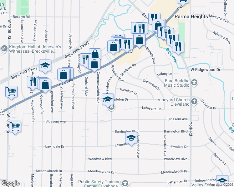 map of restaurants, bars, coffee shops, grocery stores, and more near 6675 Sherborn Road in Parma Heights
