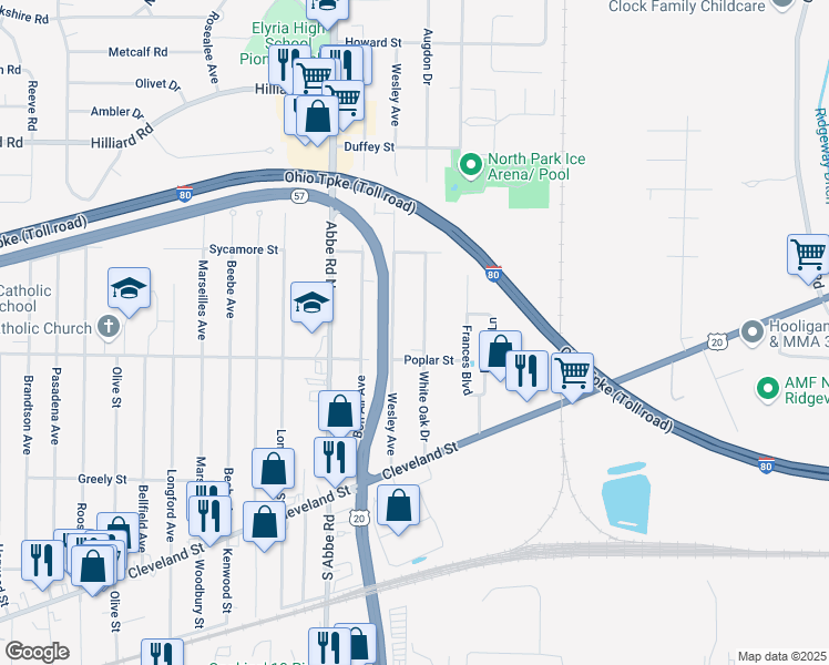 map of restaurants, bars, coffee shops, grocery stores, and more near 320 White Oak Dr in Elyria