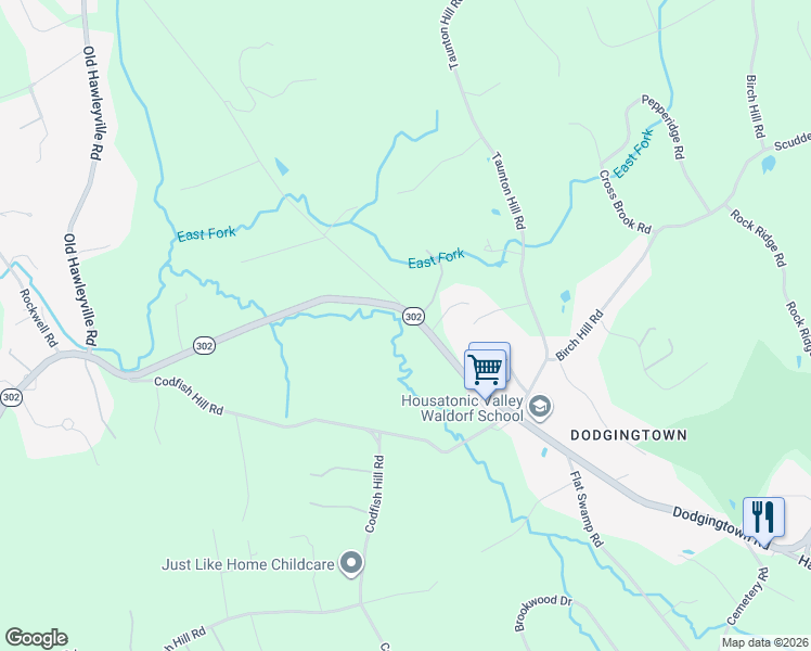 map of restaurants, bars, coffee shops, grocery stores, and more near 73 Dodgingtown Road in Newtown