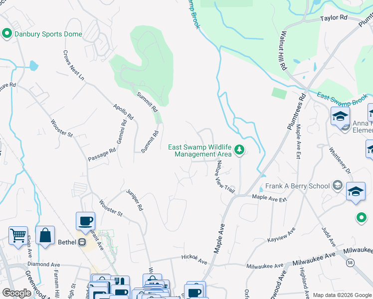 map of restaurants, bars, coffee shops, grocery stores, and more near 22 Eagle Rock Hill in Bethel