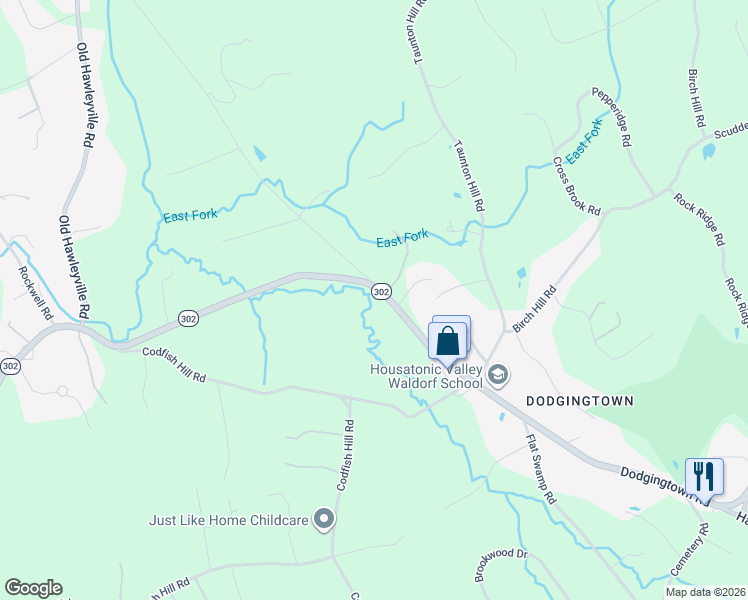 map of restaurants, bars, coffee shops, grocery stores, and more near 73 Dodgingtown Road in Newtown