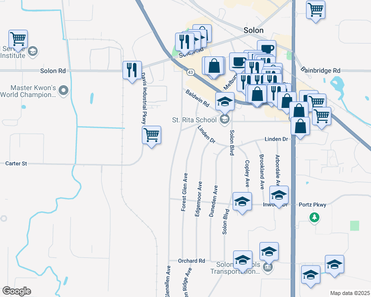 map of restaurants, bars, coffee shops, grocery stores, and more near 6560 Forest Glen Avenue in Solon