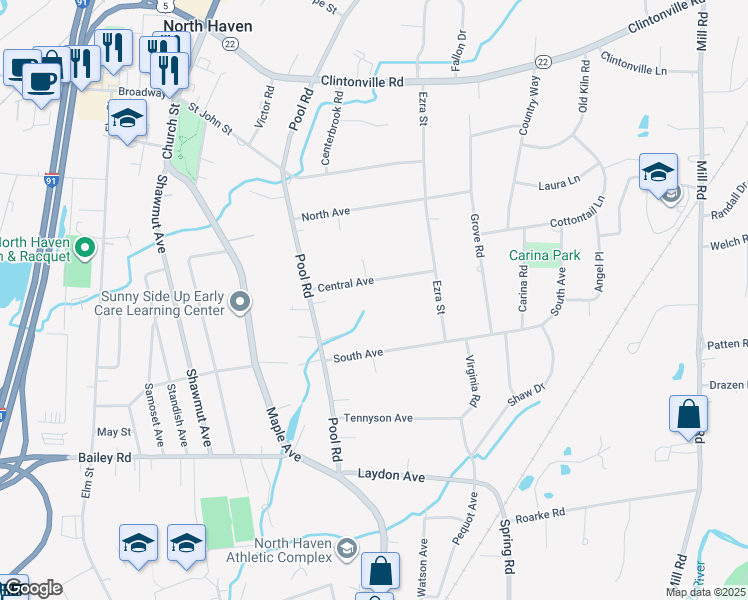 map of restaurants, bars, coffee shops, grocery stores, and more near 22 Central Avenue in North Haven
