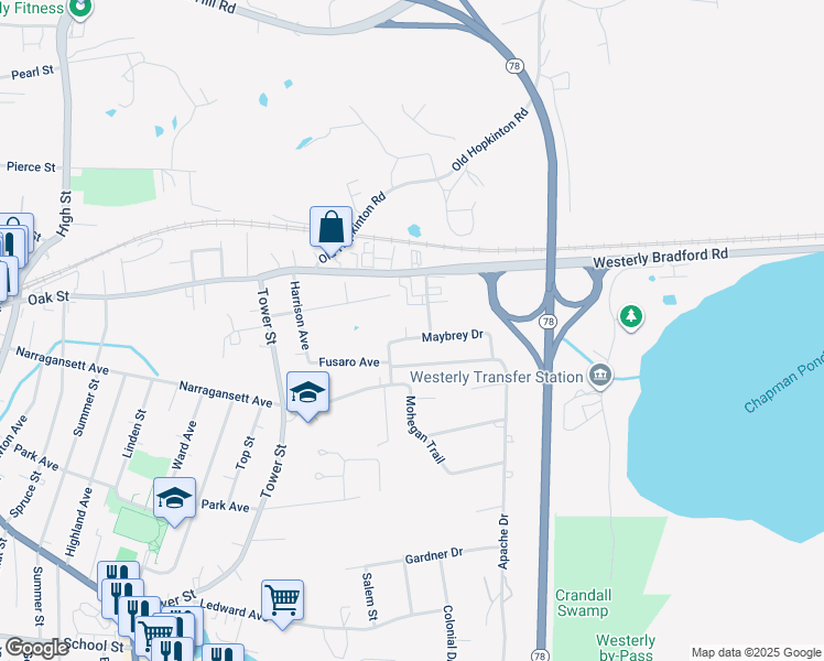 map of restaurants, bars, coffee shops, grocery stores, and more near 13 Spuchy Drive in Westerly