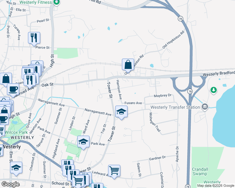 map of restaurants, bars, coffee shops, grocery stores, and more near 13 Harrison Avenue in Westerly