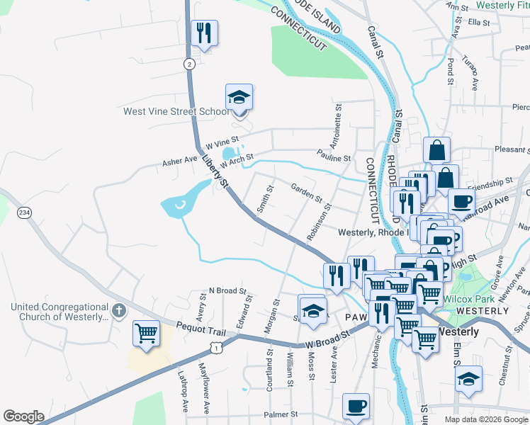 map of restaurants, bars, coffee shops, grocery stores, and more near 2 Smith Street in Stonington