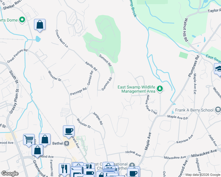 map of restaurants, bars, coffee shops, grocery stores, and more near 31 Hunting Ridge Lane in Bethel