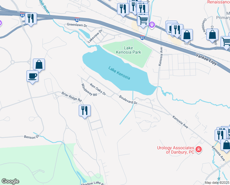 map of restaurants, bars, coffee shops, grocery stores, and more near 85 Boulevard Drive in Danbury