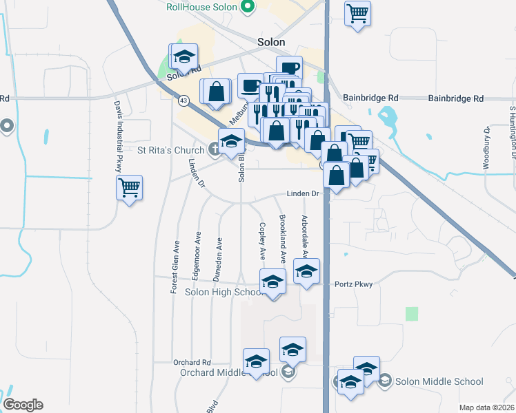 map of restaurants, bars, coffee shops, grocery stores, and more near 6519 Solon Boulevard in Solon