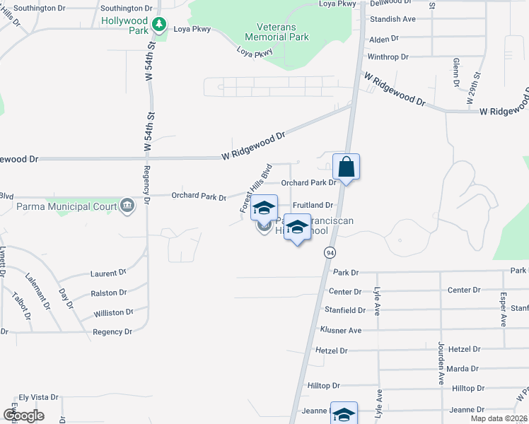 map of restaurants, bars, coffee shops, grocery stores, and more near 4521 Fruitland Drive in Parma